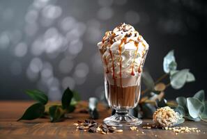 AI generated Caramel latte in tall glass with whipped cream chocolate syrup and nuts on wooden table photo