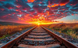 ai generado ferrocarril pistas un ferrocarril y hermosa puesta de sol en el verano foto