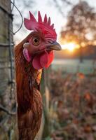 AI generated Rooster is looking out of fence at sunset photo