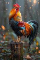 AI generated Rooster crowing in the morning with sunrays photo