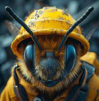 ai generado abeja en amarillo casco mira a el cámara foto