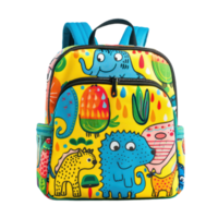 AI generated Colorful Kids Backpack with Featuring Playful Cartoon Designs isolated on transparent background. Child's School bag with Fun Characters cutout PNG
