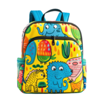 ai généré coloré des gamins sac à dos avec avec espiègle dessin animé dessins isolé sur transparent Contexte. enfant école sac avec amusement personnages coupé png