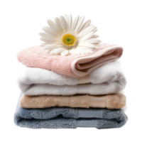 AI generated A neatly folded stack of clean towels with a flower on top isolated on transparent background png