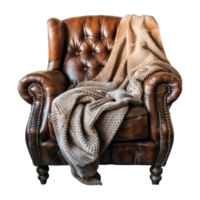 AI generated Cozy Throw Blanket on Leather Armchair Isolated on Transparent Background png