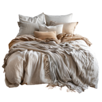 ai generiert ein komfortabel unordentlich Bett mit Sanft Kissen, ein flauschige Bettdecke, und ein gemütlich werfen auf transparent Hintergrund. png