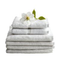 AI generated A neatly folded stack of clean white towels with a flower on top isolated on transparent background png