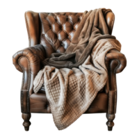 AI generated Cozy Throw Blanket on Leather Armchair Isolated on Transparent Background png