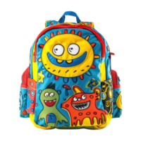 ai generado vistoso niños mochila con presentando juguetón dibujos animados diseños aislado en transparente antecedentes. niño colegio bolso con divertido caracteres separar png