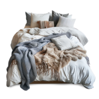 AI generated Messy Bed Unmade Sheets and Pillows on Transparent Background. Disheveled Bed with Crumpled Sheets cutout PNG