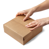 ai generiert Nahansicht von Hand Unboxing ein Marke Neu Produkt Karton Box Paket isoliert auf transparent Hintergrund png