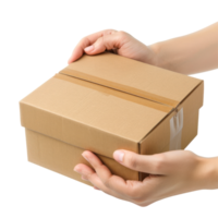 AI generated Closeup of Hand unboxing a Brand New Product Cardboard Box Package isolated on transparent background png