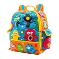 ai generado vistoso niños mochila con presentando juguetón dibujos animados diseños aislado en transparente antecedentes. niño colegio bolso con divertido caracteres separar png