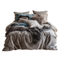 AI generated Messy Bed Unmade Sheets and Pillows on Transparent Background. Disheveled Bed with Crumpled Sheets cutout PNG