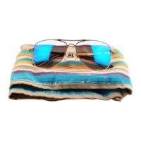 ai généré branché des lunettes de soleil sur une plage serviette isolé sur transparent Contexte. été essentiel plage ambiance coupé png