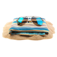 ai généré branché des lunettes de soleil sur une plage serviette isolé sur transparent Contexte. été essentiel plage ambiance coupé png