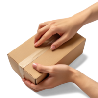 AI generated Closeup of Hand with Cardboard Box Package isolated on transparent background png