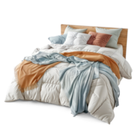 ai generado un cómodo sucio cama con suave almohadas, un mullido funda Nordica, y un acogedor lanzar en transparente antecedentes. png