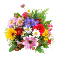 ai generiert Blume Anordnung mit frisch Blumen mit bunt blüht und beschwingt Grün isoliert auf transparent Hintergrund png