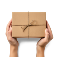 AI generated Closeup of Hand unboxing a Brand New Product Cardboard Box Package isolated on transparent background png