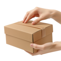 AI generated Closeup of Hand with Cardboard Box Package isolated on transparent background png