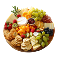 AI generated A gourmet cheese platter with a variety of cheeses, fruits, and crackers cutout PNG
