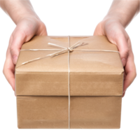 AI generated Closeup of Hand with Cardboard Box Package isolated on transparent background png