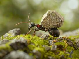 AI generated Red wood ant is carrying heavy rock on its back photo