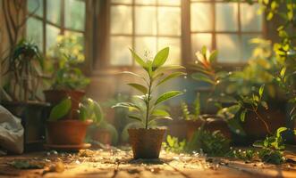 AI generated Young plant growing in pot in sunny room photo