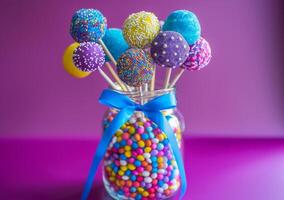 AI generated Colorful cake pops in jar with blue bow on purple background photo