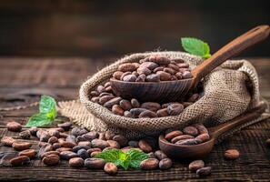 AI generated Roasted cocoa beans in burlap bag on wooden background with copy space photo