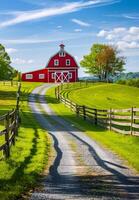 AI generated Red barn and gravel road running through farmland at sunset on sunny summer evening photo