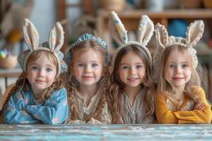 AI generated Four cute little girls are wearing bunny ears in spring photo studio