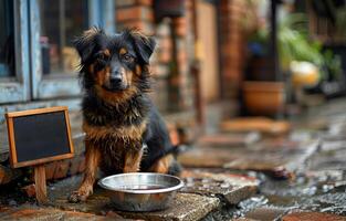 AI generated Dog sitting near bowl and sign photo