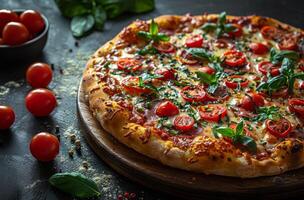 AI generated Tasty fresh oven pizza with tomatoes cheese and basil on dark stone table photo