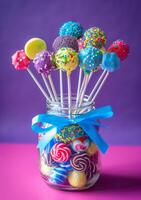 AI generated Colorful cake pops in jar and blue bow on purple background photo