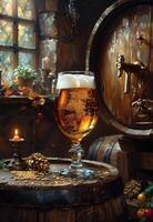 AI generated Glass of cold light beer on the wooden barrel in the cellar. photo