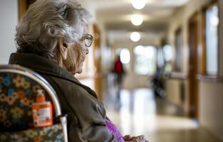 AI generated Elderly woman sitting alone in wheelchair in nursing home photo