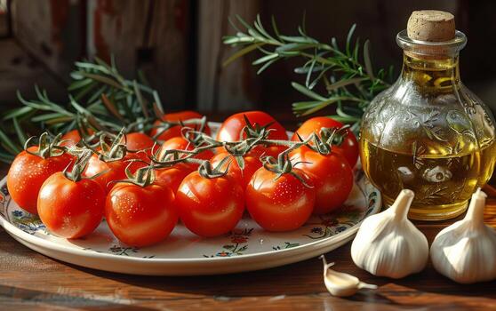 ai generado un plato con Tomates y ajo y un petróleo tarro foto