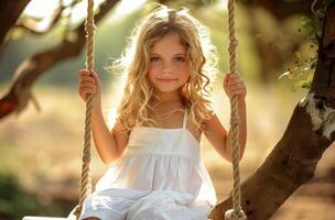 AI generated Little girl is sitting on swing on warm summer day in the park photo