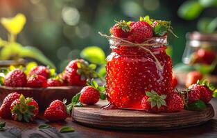 AI generated Strawberry jam in glass jar and fresh berries on wooden table photo