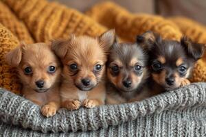 AI generated Four cute chihuahua puppies are lying in knitted basket photo