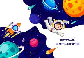 Space explore banner, kid astronaut in outer space vector