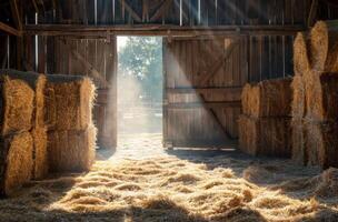 AI generated Straw is scattered in the barn with sunlight shining through the open barn door photo