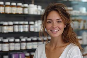 ai generado retrato de sonriente joven mujer en farmacia foto