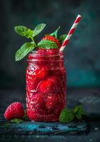 AI generated Fresh raspberry smoothie in mason jar with straw against dark background photo