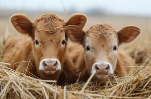 AI generated Two cute calfs lie in the hay close up photo