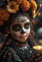 AI generated a little girl in sugar skull makeup holding a candle and wearing flowers photo
