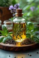 AI generated Bottle of peppermint essential oil with fresh peppermint cloves and dried peppermint leaves photo