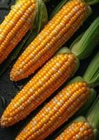 AI generated Corn on the cob. A lot of corns seamless pattern decorated with shiny water drops photo